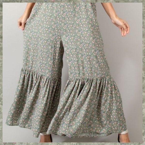 EASEL Smocked Sleeveless Lightweight Ultra Wide Leg Ruffled Hem Jumpsuit Romper - Picture 13 of 14